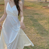 Party French Vintage Midi Fairy Dress Women Casual Bandage Solid Beach Sexy Strap Dress Females Party Basic V-neck Korean Dress