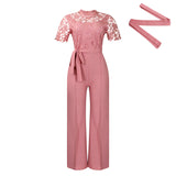 Women's Sexy Lace Lace Hollow Short-Sleeved Strap High-Waisted Broad-Legged Jump-Legged