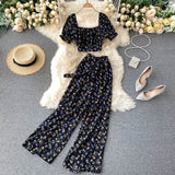 Women Autumn French Boho Floral Suits Square Collar Puff Sleeve Short Tops+High Waist Wide Leg Pants Two Pieces