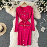 Pocket Fashion Women Sweater Dress V Neck Chain Long Sleeve Bodycon Dress Female Elastic Solid Warm Knitted