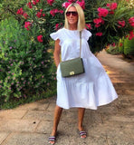 O Neck Casual Women Dress Lantern Short Sleeve Solid Pink Mini Dress Ladies Elegant A Line Summer