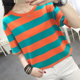 T-shirts Women Short Sleeve Tees Striped Leisure Chic O-neck All-match 2XL Loose Korean Style Ins Breathable Slim