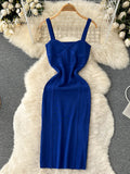 Women Summer Knitted Dress Squre Neck Sleeveless Backless Sheath Sundress Streetwear Ladies Sexy Party Long