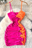 Summer Women Bodycon Dress Color Match Spaghetti Strap V Neck Sleeveless Cut Out Twist Ruched Tight Fit Night Out