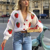 Bohemian Women Cardigan Tops three-dimensional Pattern Hand knitted Sweater V-Neck Puff Sleeve Loose Winter Sweaters
