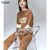 Women Sweatshirts 2022 Spring Long Sleeves O Neck Loose Hoodies Brown Planet Print Chic Casual