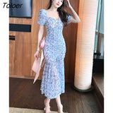 Elegant Women Evening Dress Sexy Casual Floral Square Collar Skinny Pleated Midi Club Vacation Robe Femme Mujer