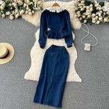 New Retro Suit Female Lace Doll-Collar Denim Jacket + Medium And Long Bag Hip Skirt