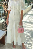 Casual Solid Dress For Women Stand Collar Short Puff Sleeve High Waist Patchwork Lace Long Dresses Female Fashion