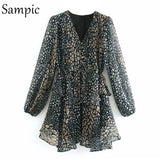 Sexy Women Chiffon Leopard Print Long Puff Sleeve Mini Party Dress Night Club Black Beige V Neck 2021 Summer Beach
