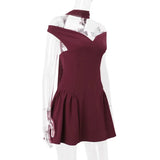 Burgundy Off-shoulder Mini Dress-Outfit