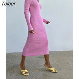 Autumn Winter Sweater Dress Casual 2022 V-Neck Elegant Knitted Women Dresses Long Sleeve Bodycon Midi Dress