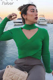 MODA Women Sexy Fashion Green Purple Hollow Out Crop Knit Sweater Vintage High Neck Long Sleeve Female Pullovers Chic