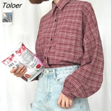 Women Blouses Single Breasted Side-slit Leisure Shirts Plaid Loose Harajuku All-match Korean Retro BF Chic Tops Popular