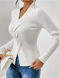 Women's Temperament Thread Under The Fork Knit Shirt Fashion Long-Sleeved Solid Color