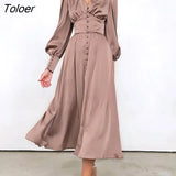 White Single Breasted Elegant Dress For Women Party Robe High Waist Satin Long Dress Chic Midi Dresses Lantern Sleeve