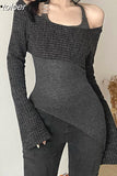 Fashion Y2k Tops Irregular Halter Off Shoulder Long Sleeve Top Grey 2 Piece Set Womens T Shirts Street Clothes
