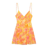 2025 Spring New Women's Printed V-Necked Suspension Short Dress