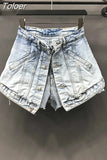 Solid Hot Women's Fake Two Pieces Of High Waist A-line Thin Denim Shorts Street Style Mall Goth 2023 Summer