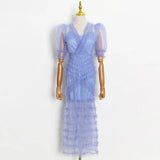 Print Dot See Through Dress For Women V Neck Puff Sleeve High Waist Ruffle Trim Dress Female Fashion New
