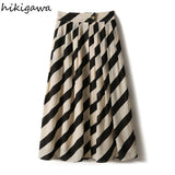 Faldas De Mujer Vintage Striped Skirts Women High Waist Slim Summer A-line Pleated Skirt Big Swing Korean Elegant