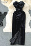 Sexy Black Strapless Velvet Dress Women Retro Style Sleeveless Backless Slim High Split Evening Party Dress with