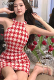 Hit Color Houndstooth Dress Women Sexy Pearls Beaded Hollow Out Waist Dresses 2023 Summer Sleeveless Bodycon