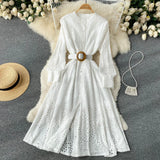 2022 Spring Women Dress Vintage Long Sleeve Single Breasted Hollow Out Solid Dresses A-line Casual Holiday Midi