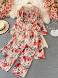 Bohemian Women 3 Pieces Set Female Elegant Long Cardigans + Strapless Camis + Wide Leg Pants Chiffon Suits New Spring Fall