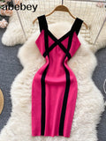 Color Striped Tight Stretchy Knit Tank Dress Elastic Slim Sheath Ladies Party Sexy Body-con Step Knit Short