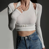 Sexy Slim Long Sleeve T-shirts Hollow Out Crop Top Women Tunics Kpop Button Patchwork T Shirt Fake Two-piece