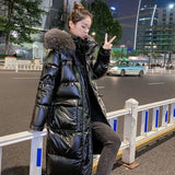 New Winter Puffer Jacket Women Warm Thicken Hooded With Fur Long Coat Shining Stylish Female Parka Manteau Femme