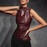 Toloer Women's 2024 New Leather Pile Collar Personality Closed Waist Oblique Hem Sleeveless Jacket Women's Vest-Outfit