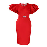 Summer Round Collar Lotus Sleeves Nailed Diamond Bag Hip Dress Party Party Emptiness