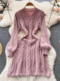 Women Retro Solid Sweater Dress V Neck Hemp Floral Long Sleeve French Style 2022 Winter A Line Slim Knitted