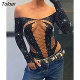 Crystal Mesh Sexy Bodysuit Lingerie Black See Through Backless Hollow Out Bodysuit Nightclub Party Hot Workwear