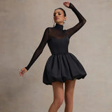 Black Turtleneck Sheer Long Sleeve Satin Mini Dress-Outfit