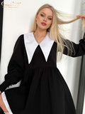 Fashion Doll Collar Black Dresses For Women 2022 Casual Lantern Sleeve Office Mini Dress Ladies Elegant Patchwork