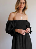 Spring Summer Tie Cord Waist Belt Ruffle Lantern Sleeve Dress Casual Women's Square Neck A-line Multi Wear Elegant