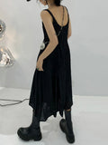 TWOTWINSTYLE Ruched Midi Dress For Women V Neck Sleeveless High Waist Solid Minimalist Long Dresses Female Summer Clothing