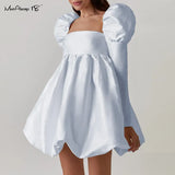 Puff Sleeves Ladies Party Black Dress Evening Chic Square Collar Ball Gown Womens Satin Dresses Short Pleated