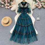 High Quality Embroidery Dress Summer 2022 Lapel Korean Style Vacation Long Dress Ladie Sweet Elegant Mesh Maxi