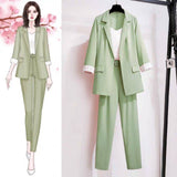 Summer Pants Women's Elegant Suit Casual Top Jacket Trousers Two Piece Set Office Work Clothes Female