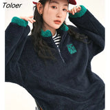 Women Thick Sweatshirts 2022 Winter Long Sleeve Stand Collar Loose Hoodie Double Side Fluffy Embroidery Casual