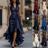 Faitry Face Solid-Colored Collared Folded Fork Vest Top Broad Leg Trousers Set