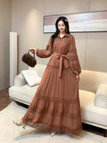 Retro Elegant Lace Splicing Strap To The Waist Lantern Sleeve Dress Female Thin Temperament Court Style