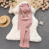 Women Korean Knitted Dress Long Sleeve V Neck Elastic Slim Pencil Dresses 2022 Autumn Sexy Bodycon Split Sweater