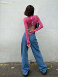 Fashion Blue Denim Women Pants Elegant Loose High Waist Straight Jeans Streetwear Buttons Trousers Female Clothing