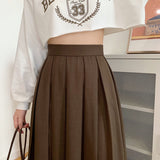 Vintage Brown Pleated Long Skirts Women Korean Fashion High Waist Chic Elegant A-line Midi Skirt for Girls Preppy