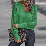 3XL Hollow Out Clothes Fashion Green Elegant Loose Lace Stitching Knitwear Blouses Women Long Sleeve V Neck Tops
